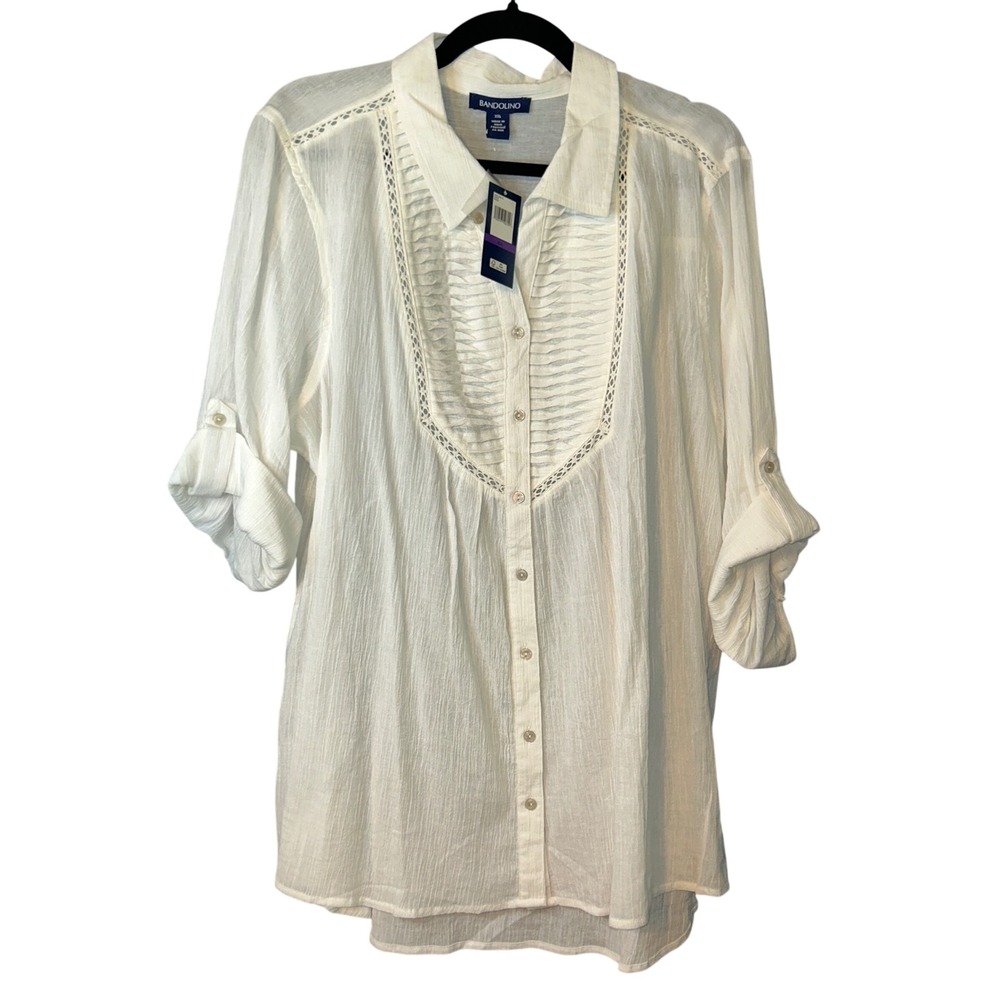 Bandolino Women Coastal Boho Peasant Gauze Cotton Button Up Blouse White XXL